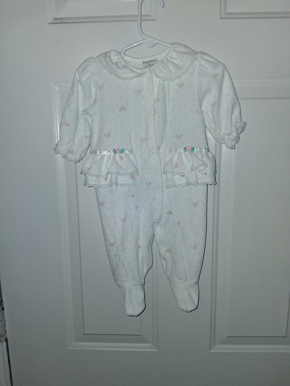 Carter's White Footed One-Piece with Pink Floral Ruffles